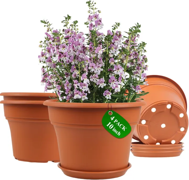 10-inch Plastic Plant Pots — 4-Pack Indoor/Outdoor Planters with Saucers
