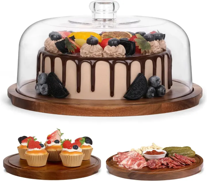 12-Inch Acacia Wood Cake Stand with Clear Acrylic Dome