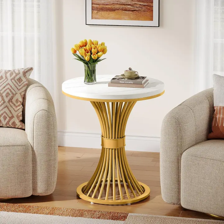 19.7" Round Faux Marble End Table with Gold Metal Base