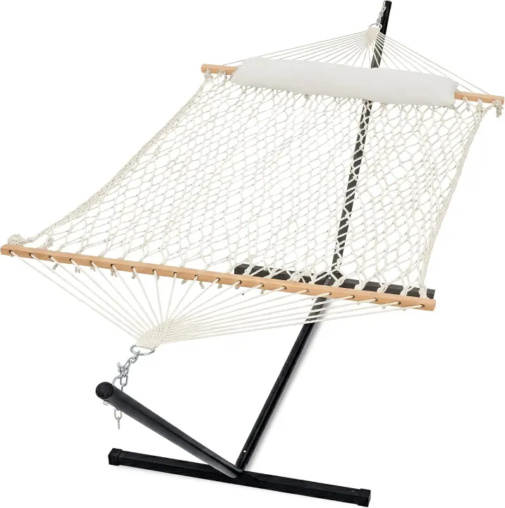 2-Person Cotton Rope Hammock with Steel Stand & Hardwood Spreader Bar