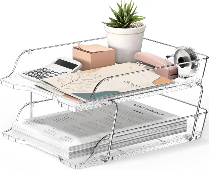 2-Tier Clear Stackable Paper Tray Desk Organizer