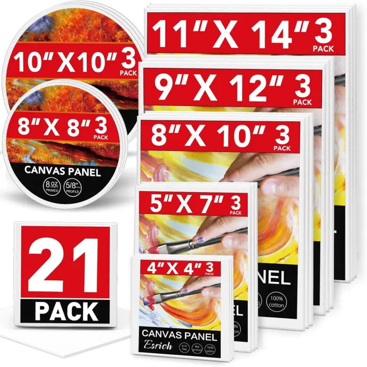 21-Pack Cotton-Primed Canvas Panels & Boards — Assorted Sizes, Includes Rounds