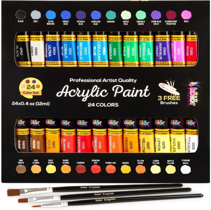 24-Color Acrylic Paint Set with 12ml Tubes and 3 Brushes