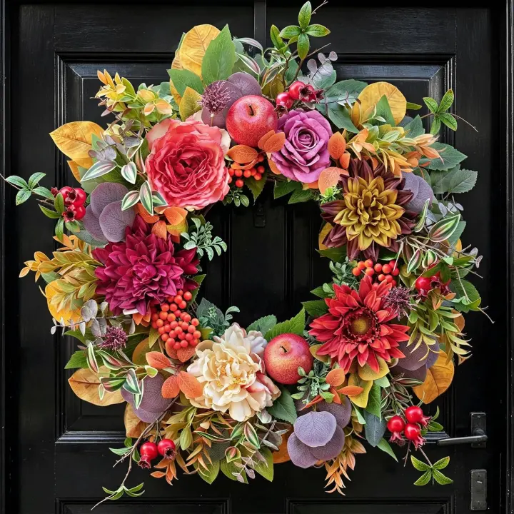 24-Inch Fall Door Wreath with Dahlias, Apples & Harvest Foliage