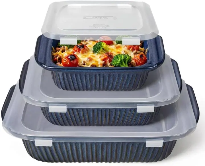 3-Piece Ceramic Rectangular Casserole Set with Handles and Lids (5.1/2.3/1.1 Qt)