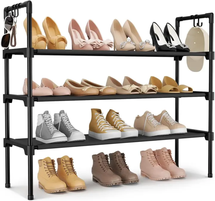 3-Tier Freestanding Shoe Rack with 5 Hooks — Compact Shoe Organizer