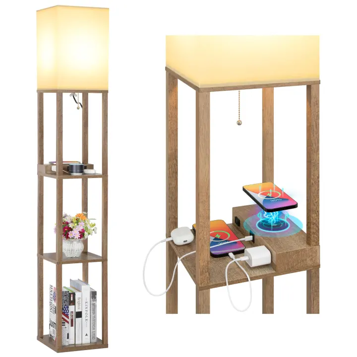 3-Tier Shelf Floor Lamp with Wireless Charger, USB-C & Dual Outlets