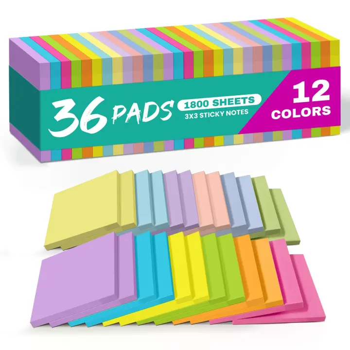 36-Pack 3×3 Inch Sticky Note Pads — 12 Bright Colors, 50 Sheets Each
