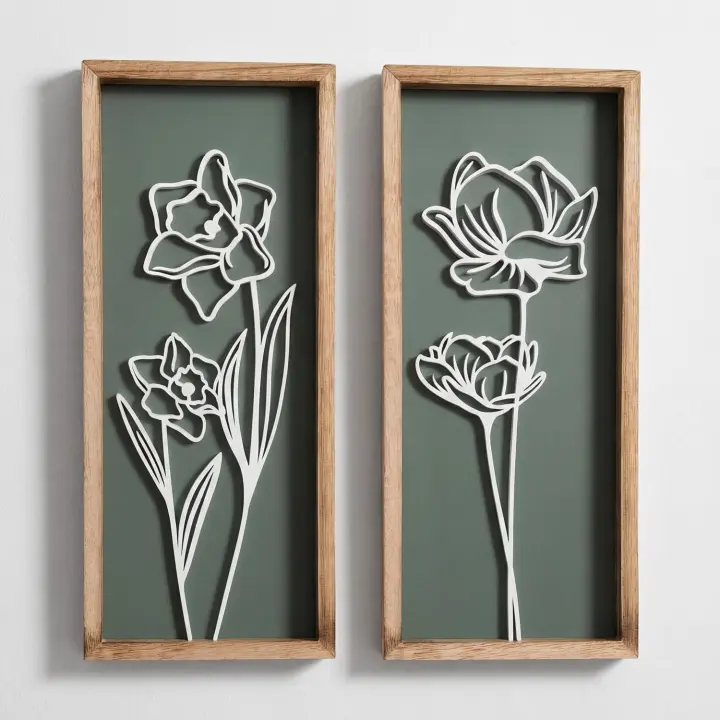 3D Botanical Green Wall Art — Wooden Floral Panels (Set of 2)