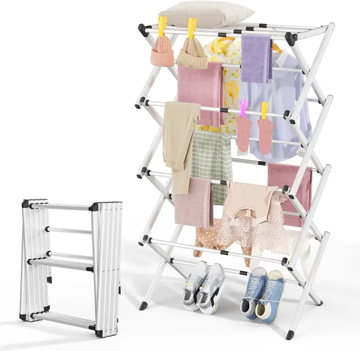 4-Tier Foldable Clothes Drying Rack — Adjustable 16.3–27.95 in, Stainless Steel