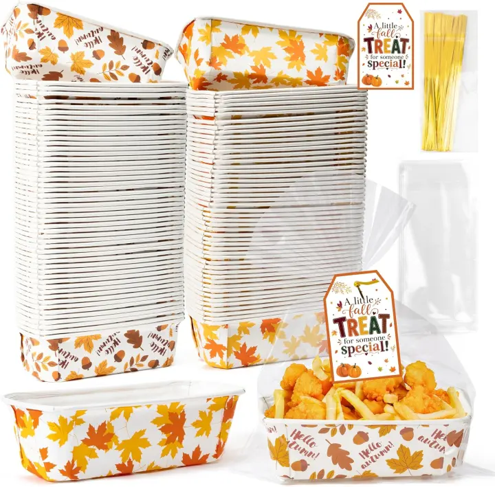 50-Pack Fall Disposable Mini Loaf Pans (6.3×2.17 in) with Bags & Tags