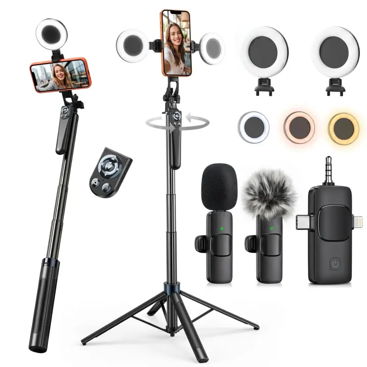 71-inch Phone Tripod Vlogging Kit with Lights, Wireless Mics & Remote