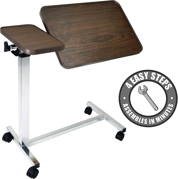 Adjustable Tilt Overbed Bedside Table on Wheels for Hospital & Home