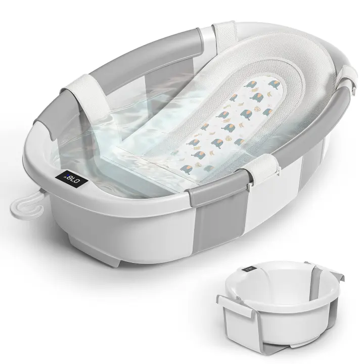 Collapsible Baby Bathtub — Foldable Infant Tub with Thermometer & Cushion