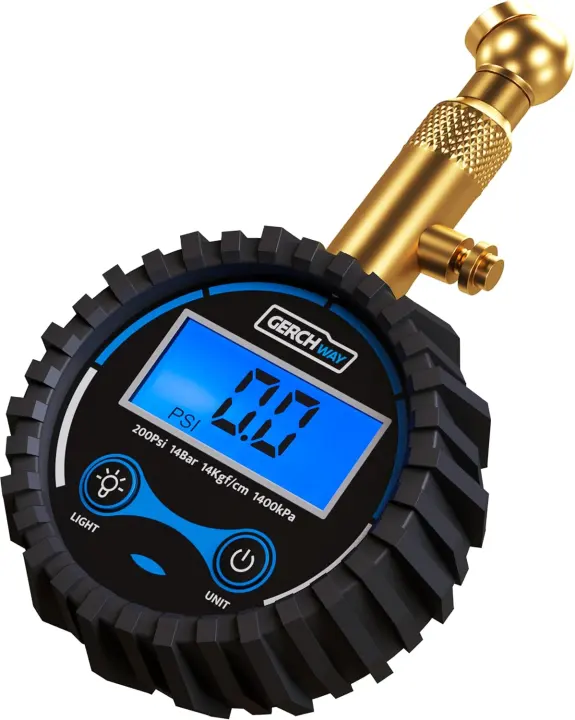 Digital Tire Pressure Gauge — 200 PSI, Brass Body & 360° Swivel Chuck