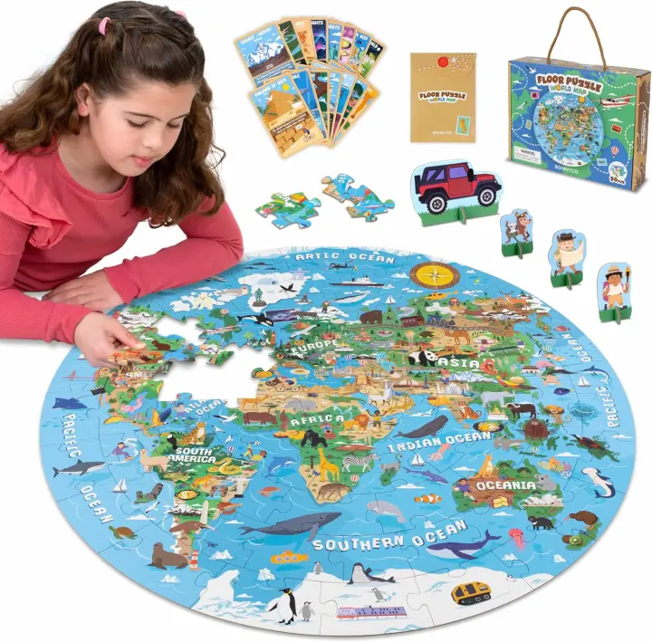 Giant Round World Floor Puzzle — 70 Oversized Pieces with Cards & Figures