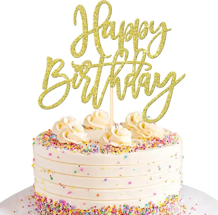 Gold Glitter Happy Birthday & Anniversary Cake Topper (Single Pick)