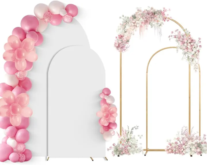 Gold Metal Wedding Arch Backdrop Set (6 ft & 5 ft) with White Covers