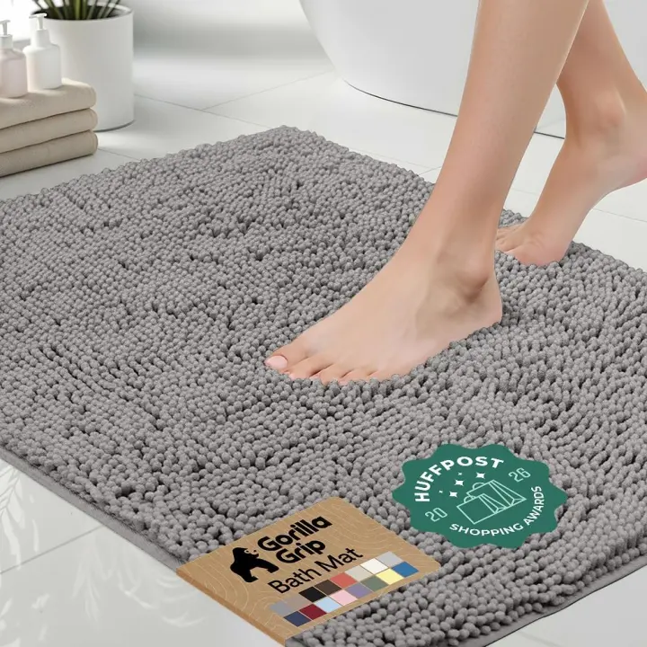 Gorilla Grip Chenille Bath Rug — Absorbent Microfiber Bath Mat, 24x17 Gray