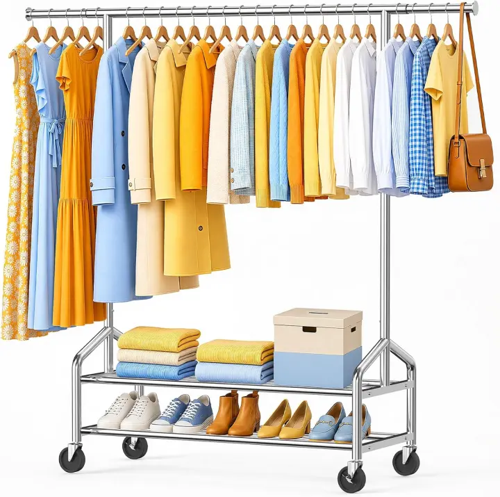 Heavy-Duty Rolling Garment Rack with Two Shelves — 650 lb Capacity