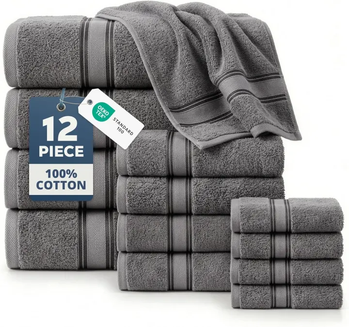 Lane Linen 12-Piece Cotton Bath Towel Set — Grey