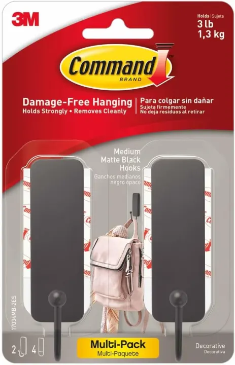 Medium Black Decorative Wall Hooks — 2-Pack with 4 Strips