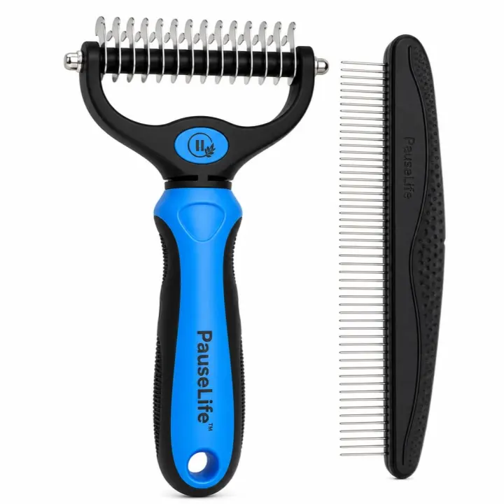 PauseLife Pro Grooming Brush & Deshedding Rake for Dogs & Cats — Blue