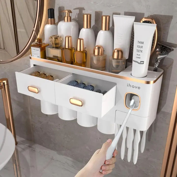 Wall-Mounted Toothbrush & Toothpaste Organizer — 4 Cups, Dispenser, Tray