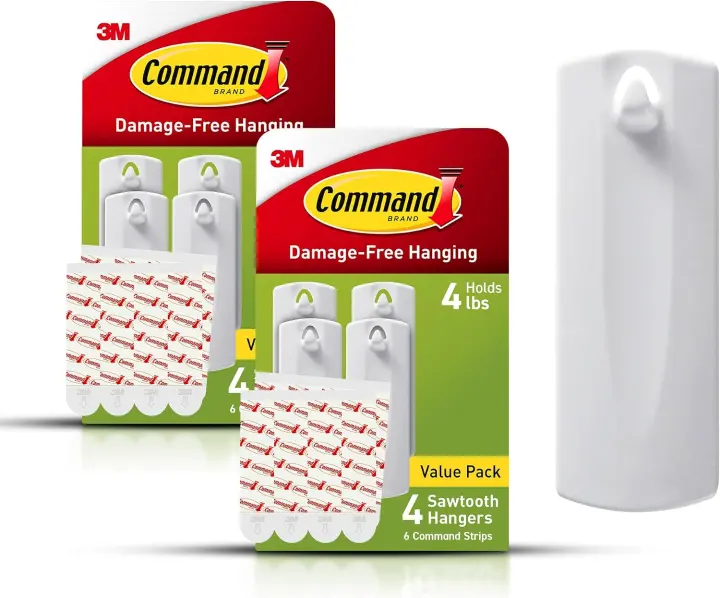 White Sawtooth Picture Hangers — Damage-Free Wall Hooks (8 Pack)