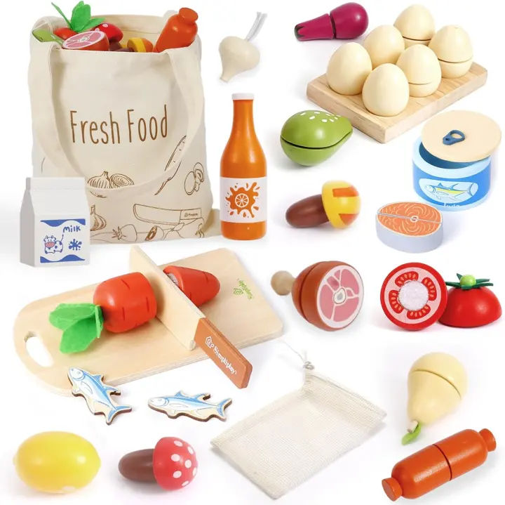 Wooden Pretend Play Food & Cutting Set for Toddlers