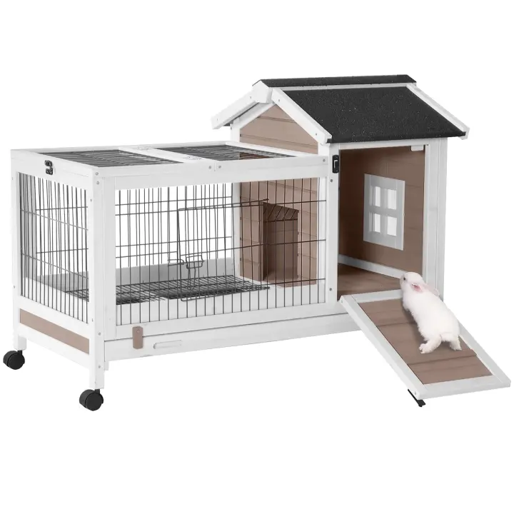 Wooden Rabbit Hutch with Leakproof Pull-Out Tray and Wire Floor
