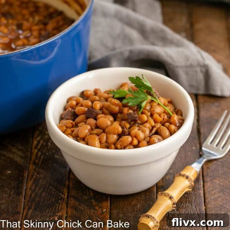 A small white bowl filled with richly sauced baked beans rests in front of a larger blue Dutch oven also containing baked beans.