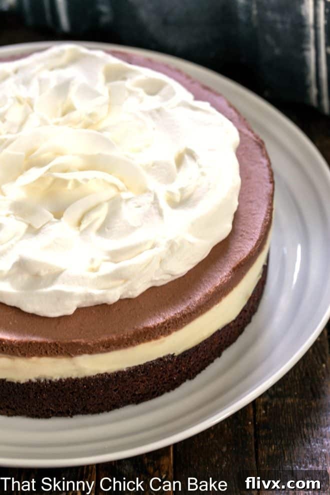 A stunning slice of layered Coconut Brownie Cake on a white plate, showcasing the distinct brownie, coconut cream, chocolate mousse, and whipped cream layers.