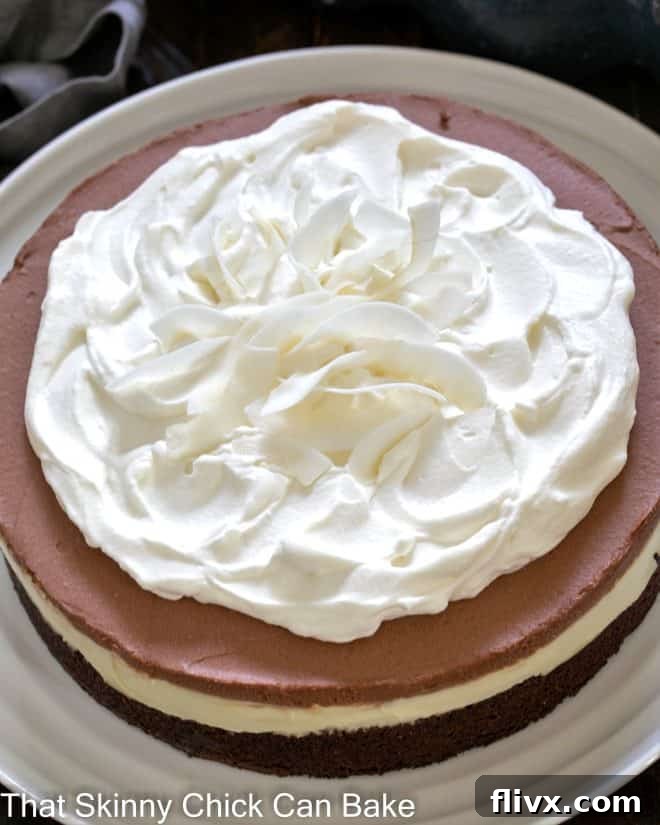 Close-up overhead view of a slice of Coconut Brownie Cake, revealing its beautiful layers, served on a pristine white plate.