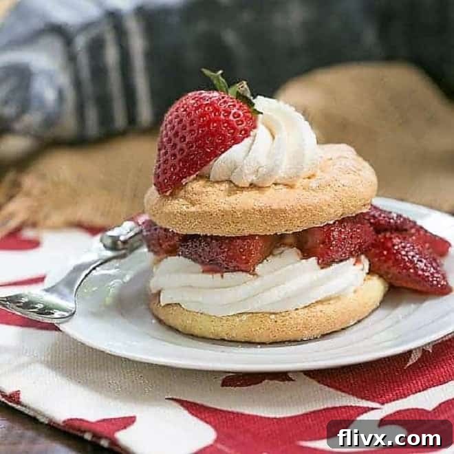 Franco American Strawberrry shortcake on a white dessert plate.