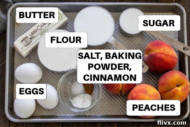 Peach Upside Down Cake Ingredients with labels on a sheetpan.