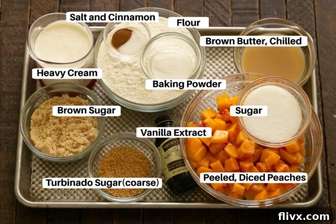 Peach scones ingredients with labels on a sheetpan.