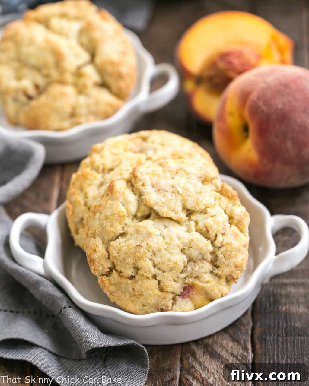 2 Brown Butter Peach Scones brown butter and loads of fresh peach chunks in a white ceramic bowl.