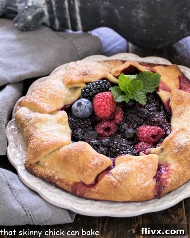 Rustic Fruit Tart - a summer berry galette made with sweet, seasonal berries Mixed berry galette with a sprig of mint on a decorative white serving plate.