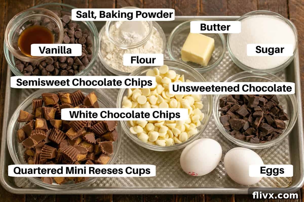 A flat lay photograph displays all the ingredients for Moose Tracks Cookies neatly arranged on a baking sheet, each item clearly labeled to guide the baker.