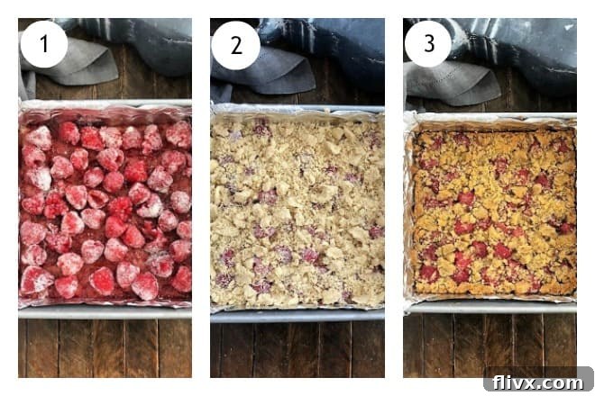 Raspberry Bars process shots collage showing crust, jam and berries, streusel, and baked bars.