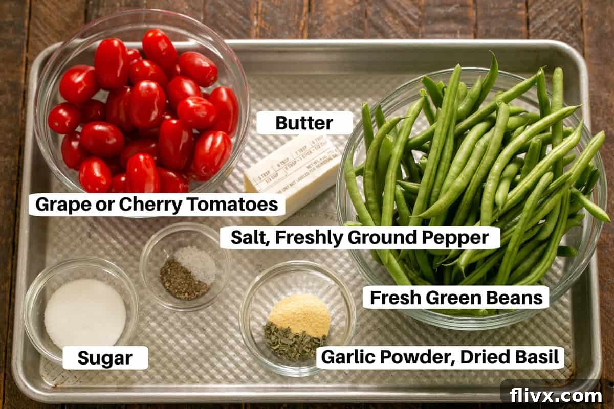 Green Beans with Tomatoes ingredients on a sheetpan with labels, showcasing fresh components.