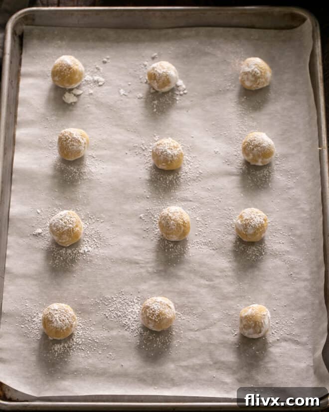 Doughballs rolled in powdered sugar and placed on a prepared baking sheet