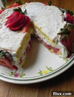 A slice of summer strawberry cake removed, showing the fluffy sponge layers, generous whipped cream, and fresh strawberries within the filling