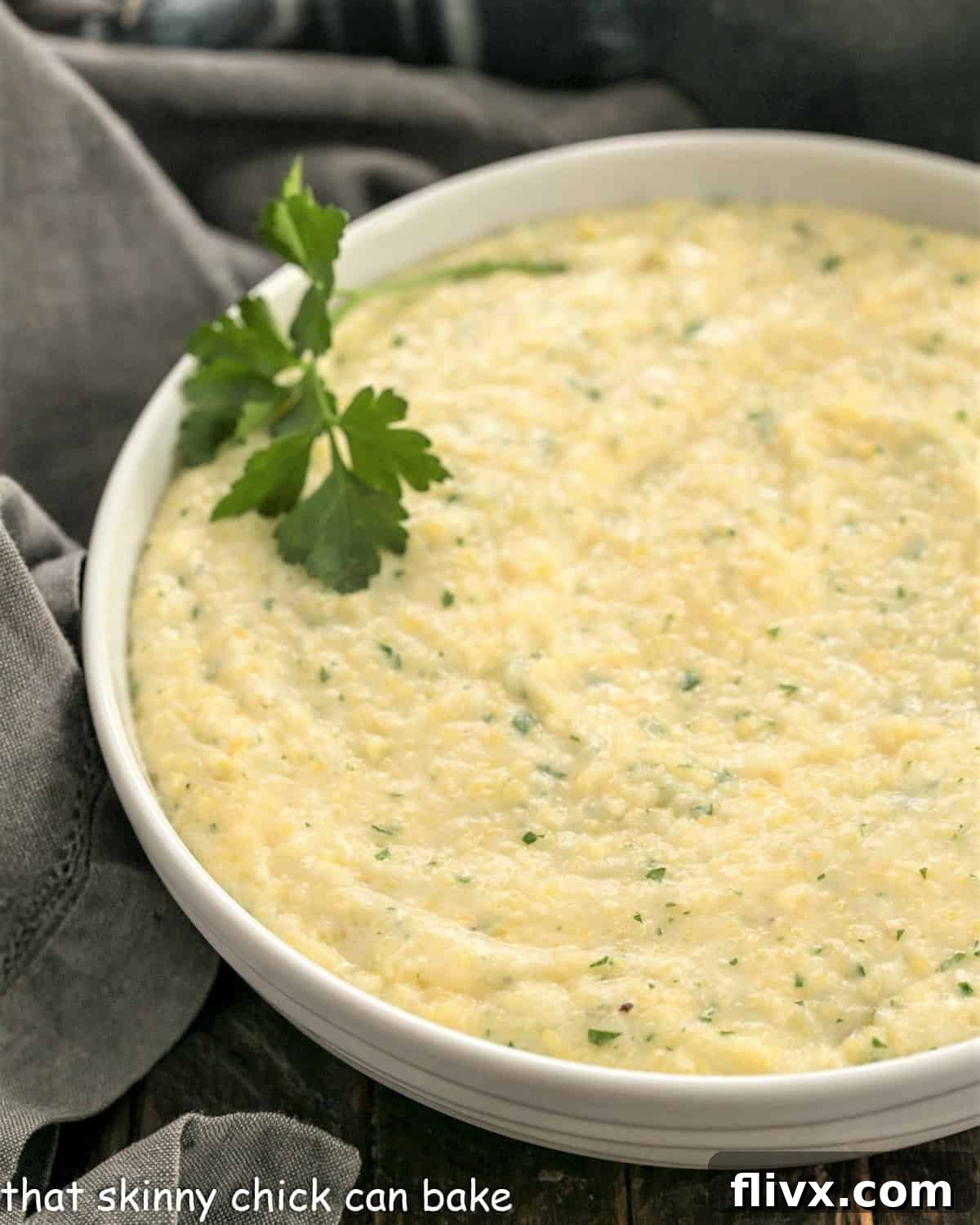 Overhead view of Parnesan Polenta garnished with fresh parsley.