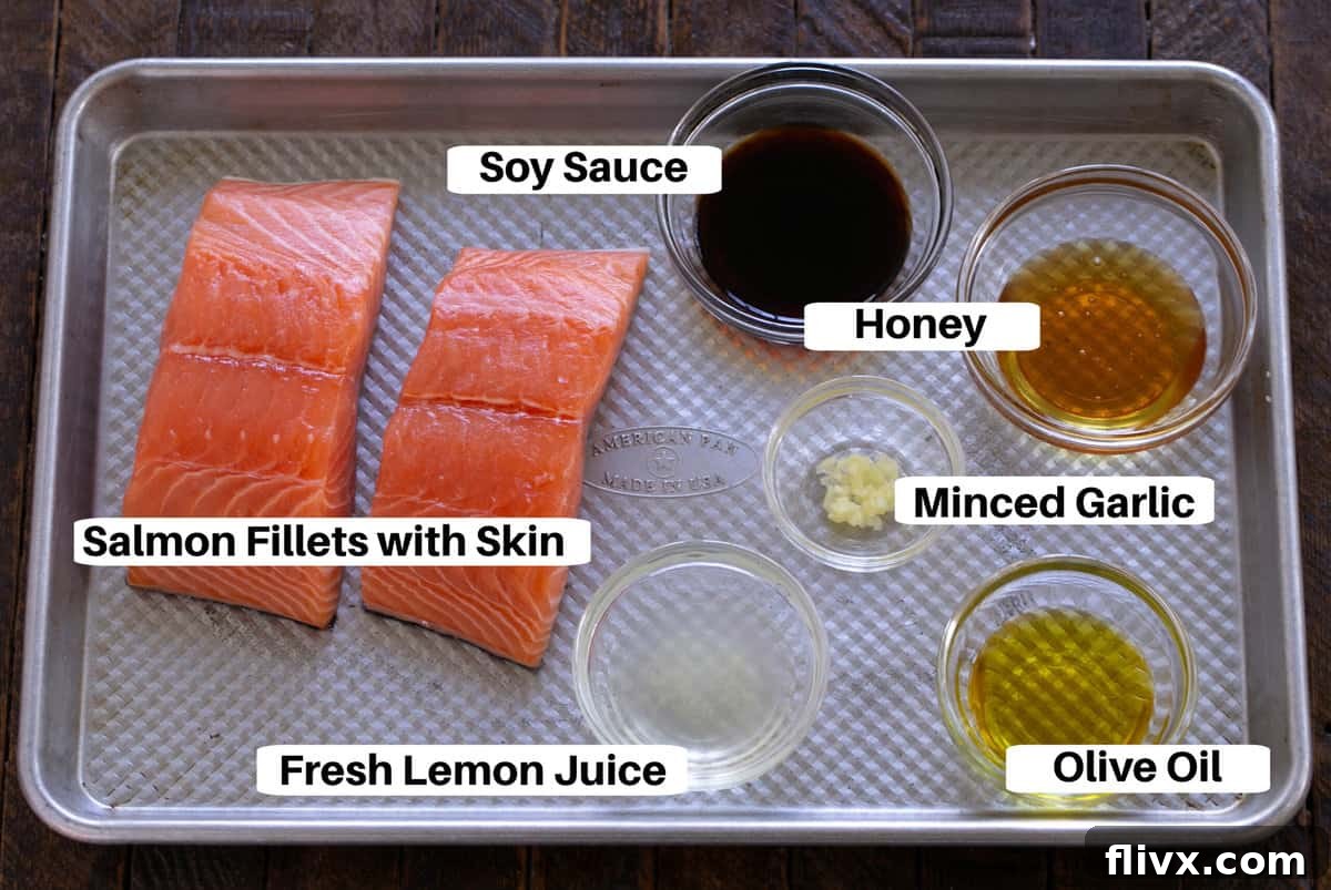 Date Night Grilled Salmon 3 Marinated Salmon for Two Ingredients laid out on a sheet pan with clear text labels, highlighting fresh, quality components.