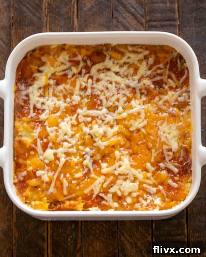 Overhead view of twice baked potato casserole.
