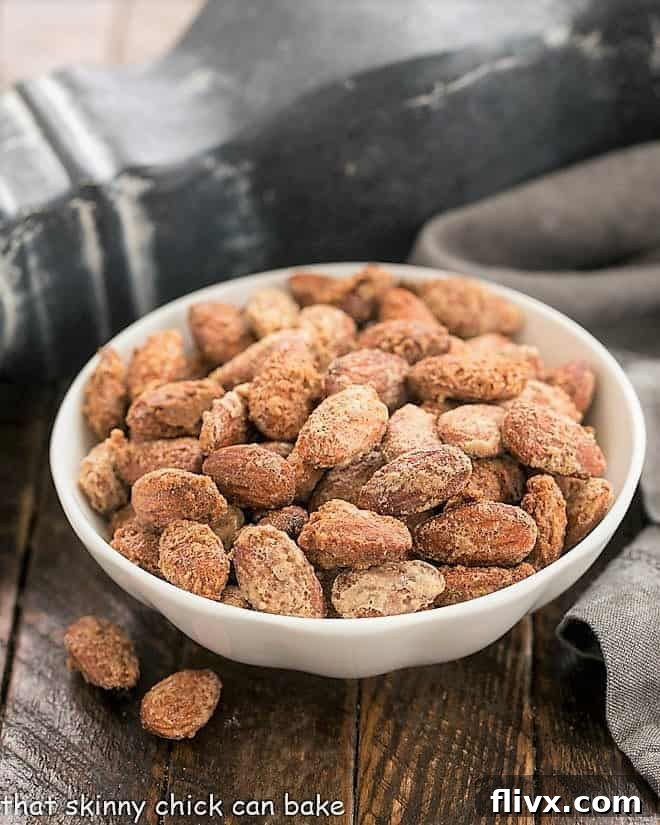Vanilla Almonds in a small white bowl, ready for serving