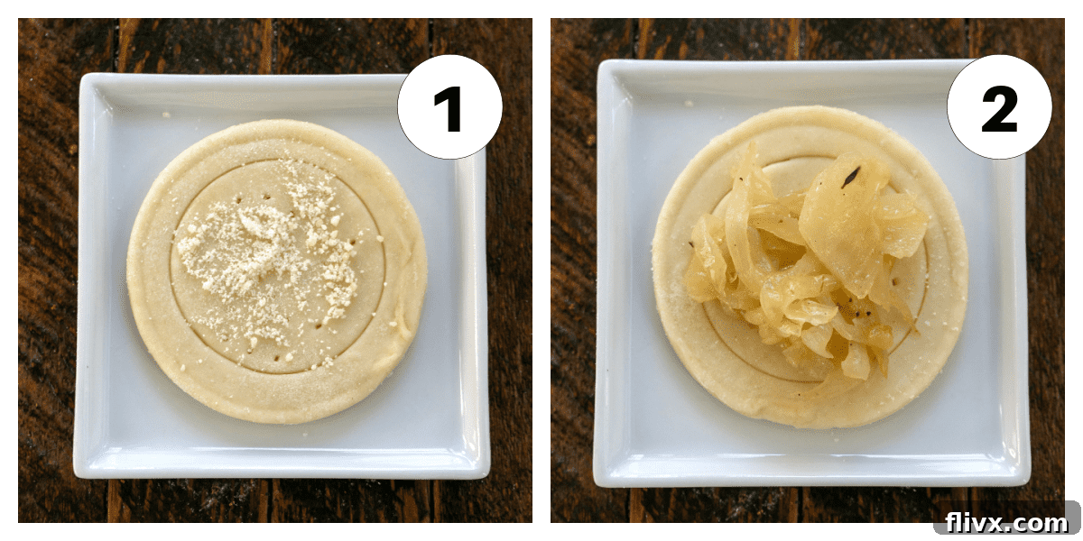 Collage of step 1 and 2 for making tomato boursin tarts, showing puff pastry being cut and topped with onions.