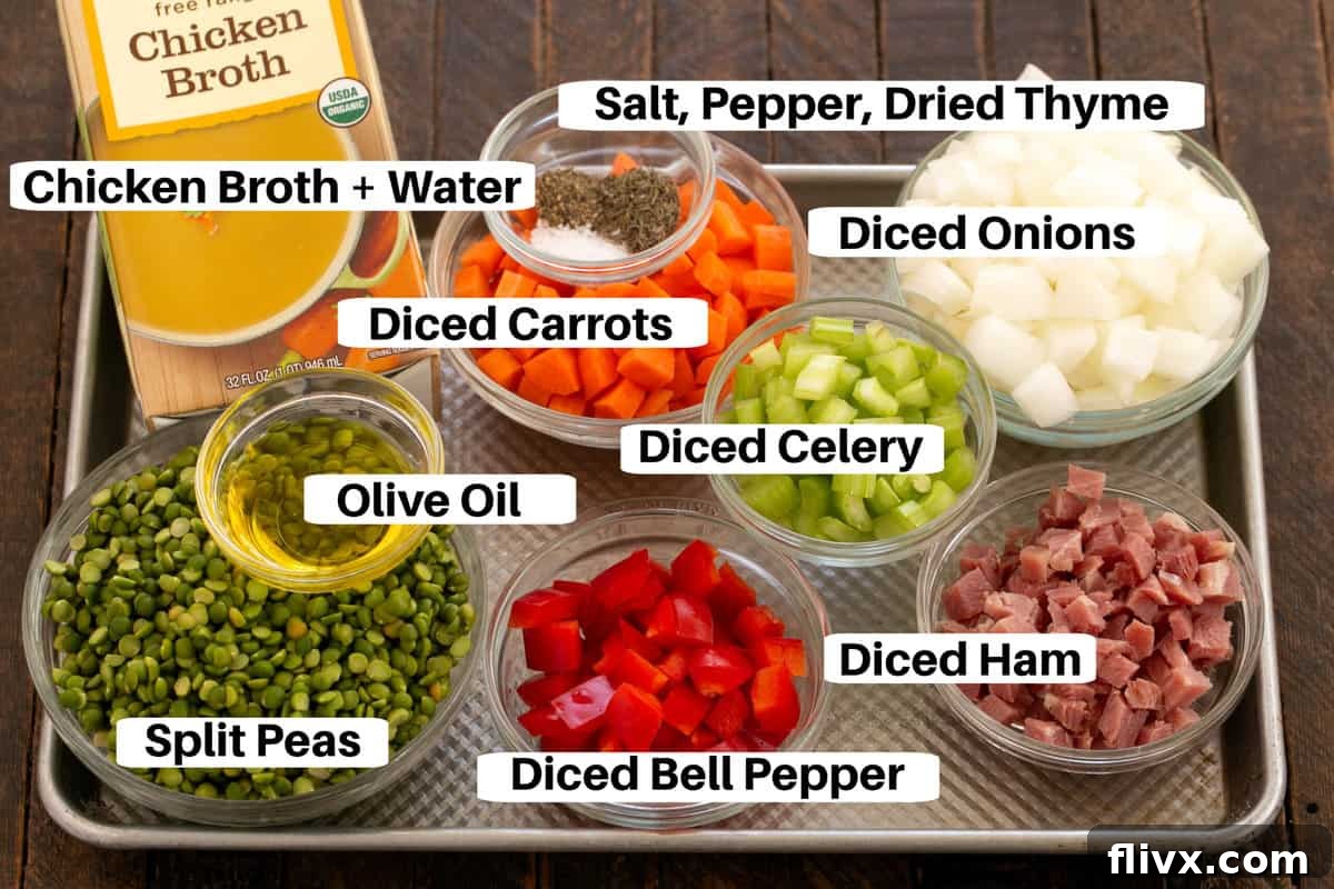 Split Pea Soup Ingredients with labels on a metal sheet pan.